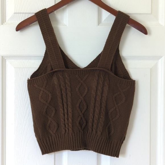Cropped Cable Knit Wide Strap V-neck Sweater Tank Top Brown Small - Picture 6 of 7